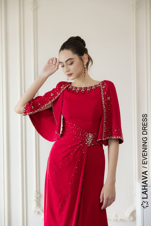 Red slit sleeves beaded evening dress